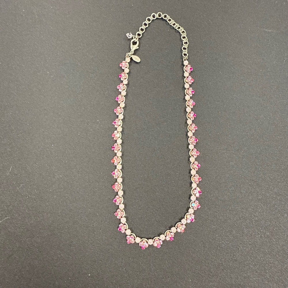 Sorrelli Pink Rhinestone Flower Necklace Silver Tone Floral Crystal Choker 18in - Picture 3 of 3